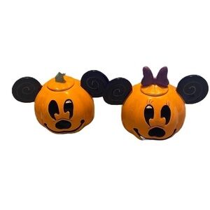 Disney Large Pumpkin Head Mickey Minnie Mouse Voltive Candle Holder Set Bundle